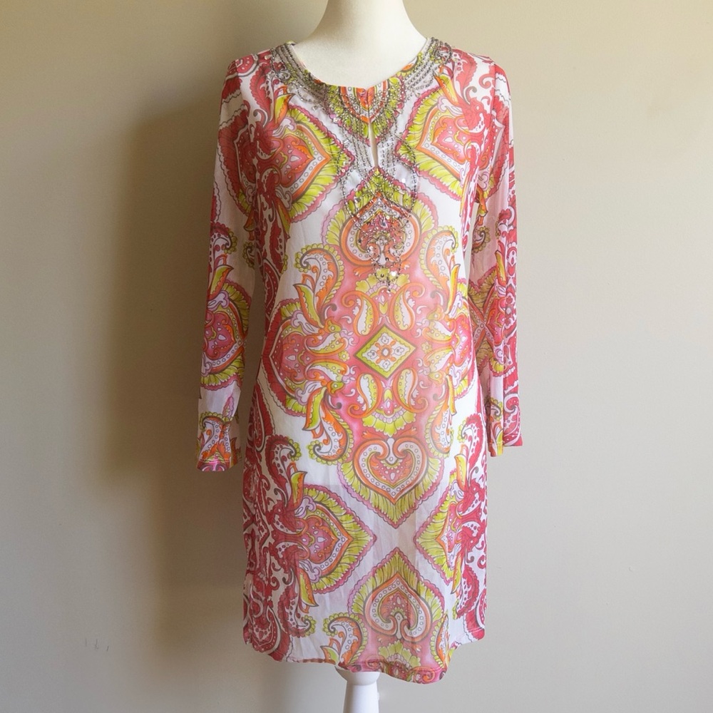 INC International Concepts Beach Paisley Beaded Neckline Swim Cover Medium